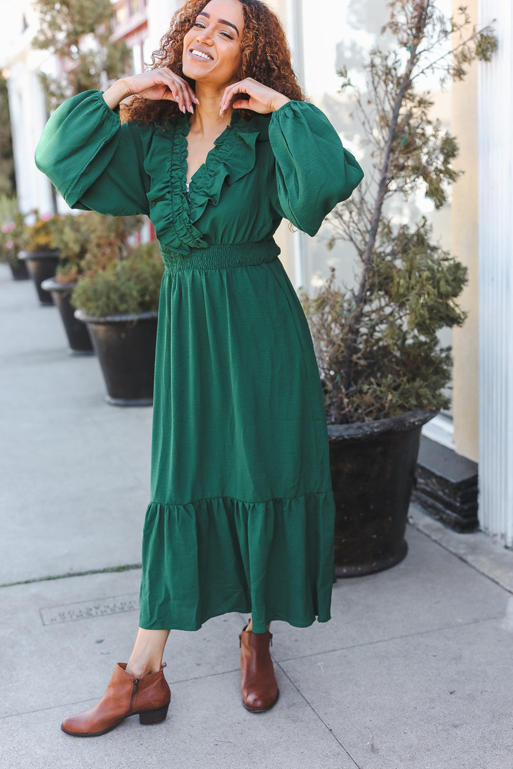 Beautiful You Holiday Green Overlap Ruffle V Neck Midi Dress