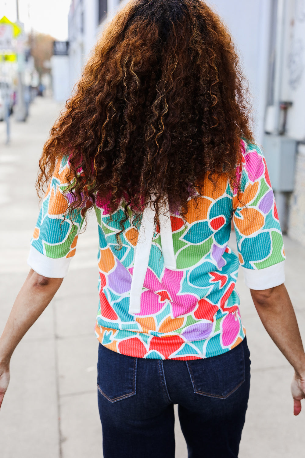 Spring Vibes Multicolor floral Rib Back Bow Tie Detail Top