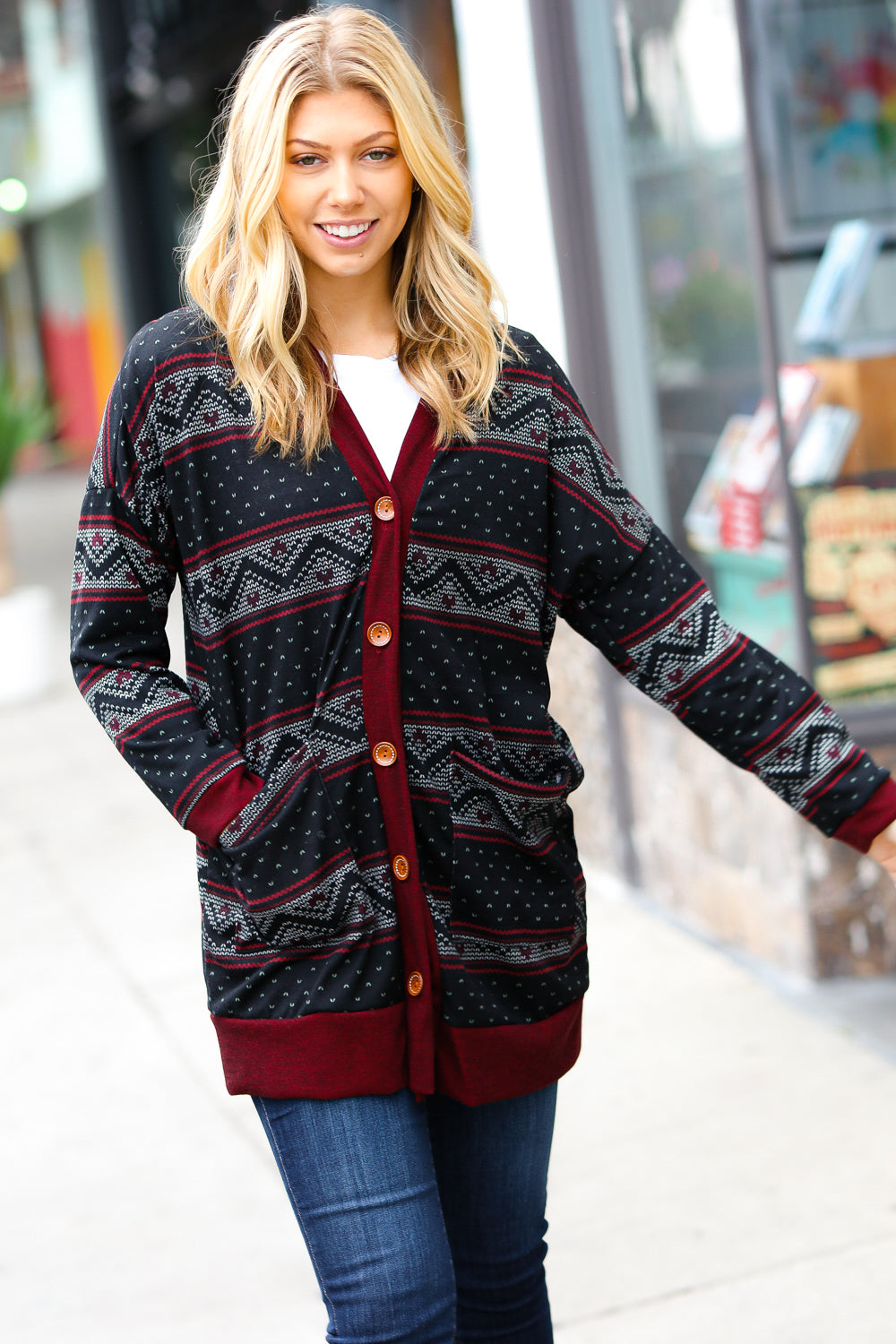 Classic Burgundy Holiday Print Button Cardigan