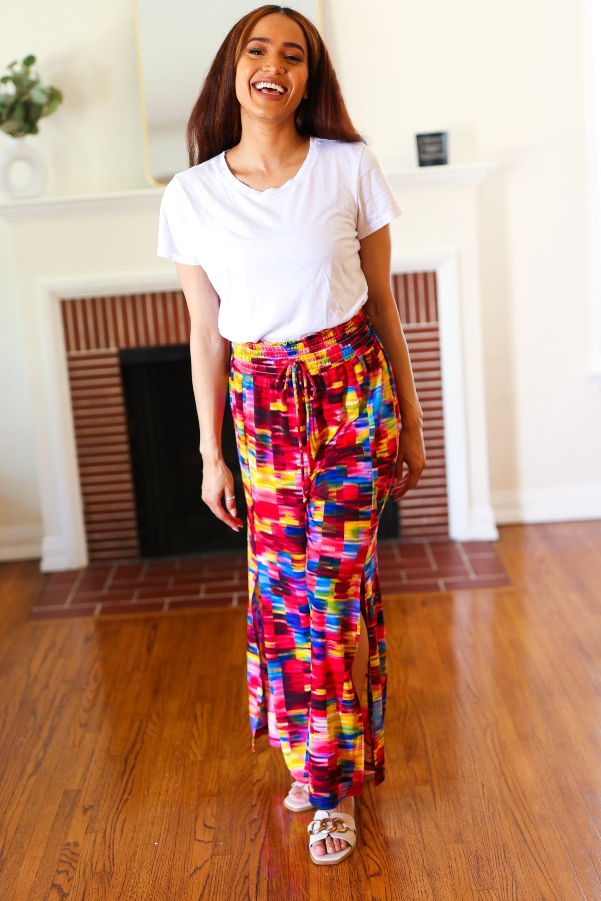 Vacay Vibes Kaleidoscope Smocked Waist Side Slit Palazzo Pants