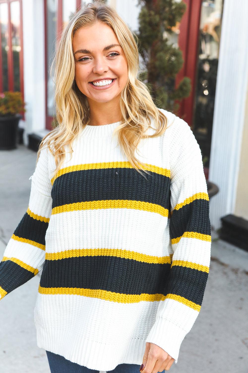 Casual Chic Yellow & Ivory Stripe Oversize Knit Sweater