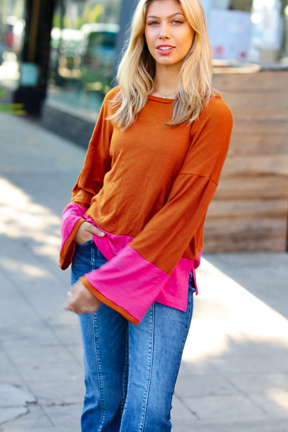 Fuchsia & Rust Color Block Hacci Top