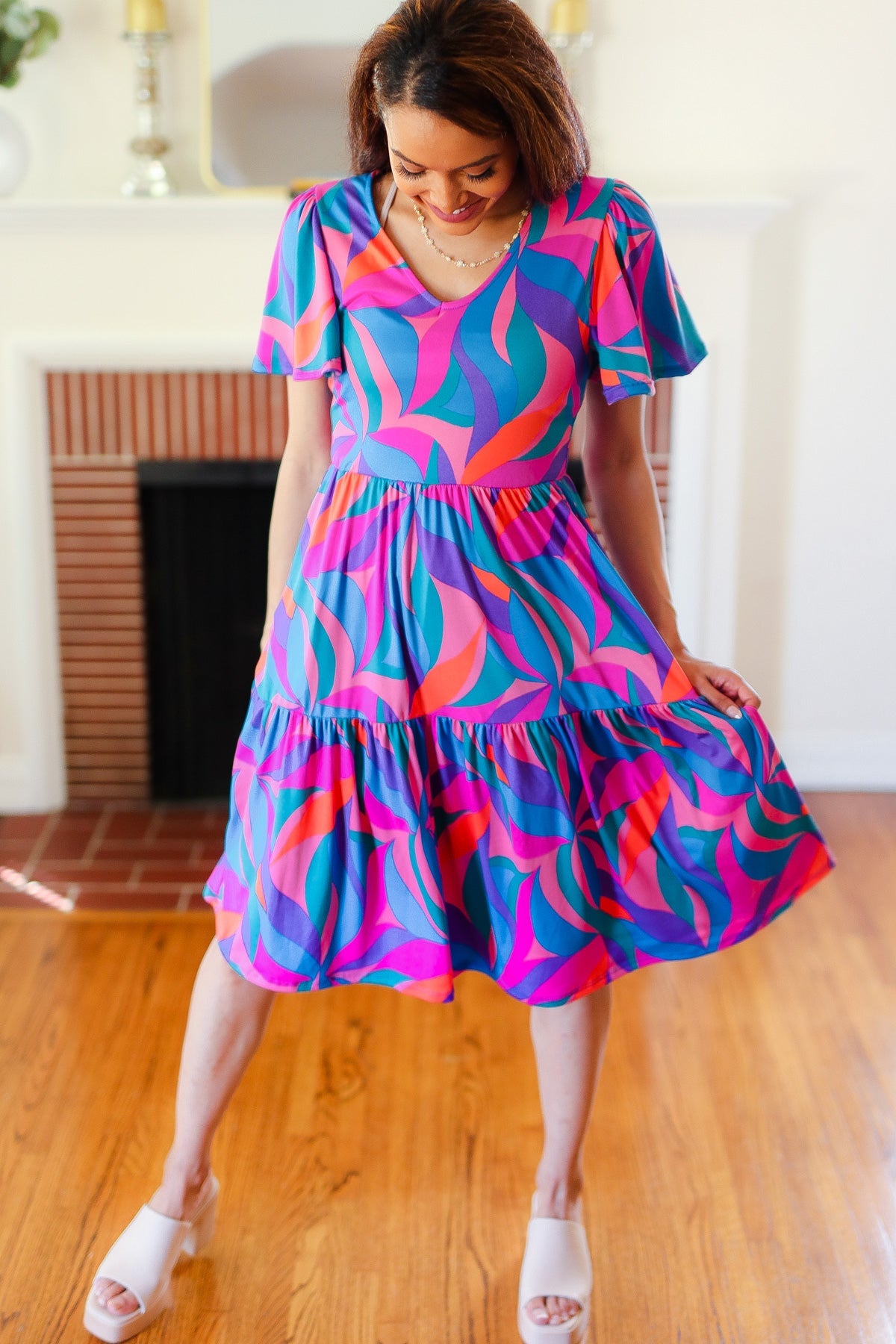 Remember Me Blue & Fuchsia Geo Print V Neck Dress