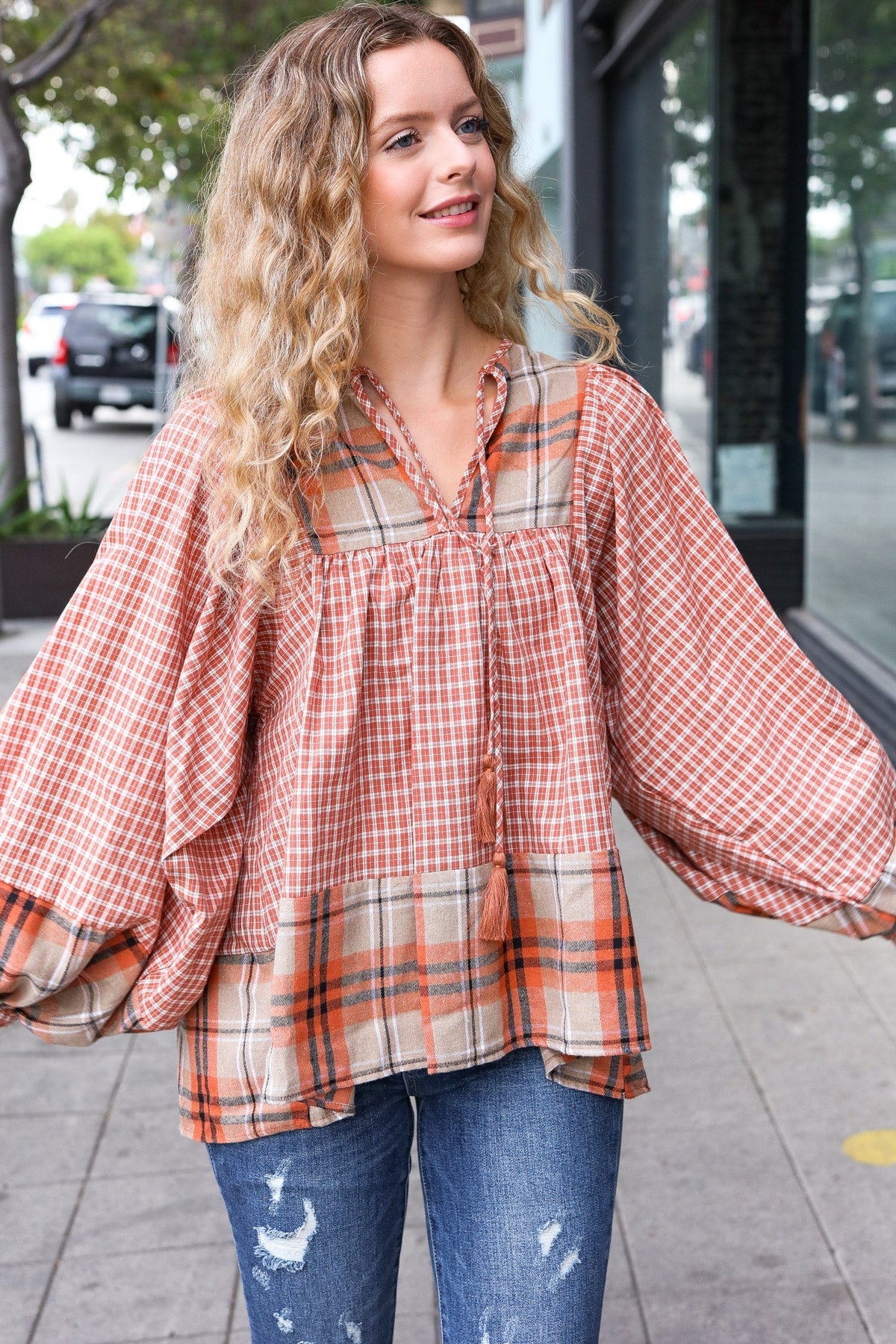 Under Your Spell Rust Plaid Color Block Notch Neck Top