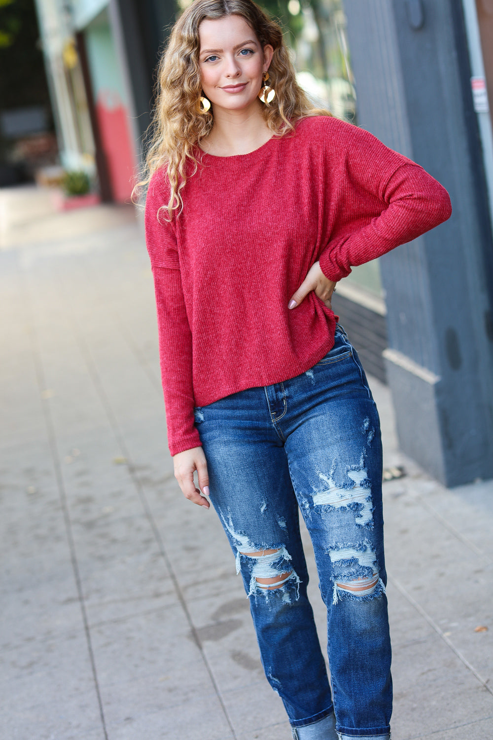 Stay Awhile Red Ribbed Dolman Cropped Sweater