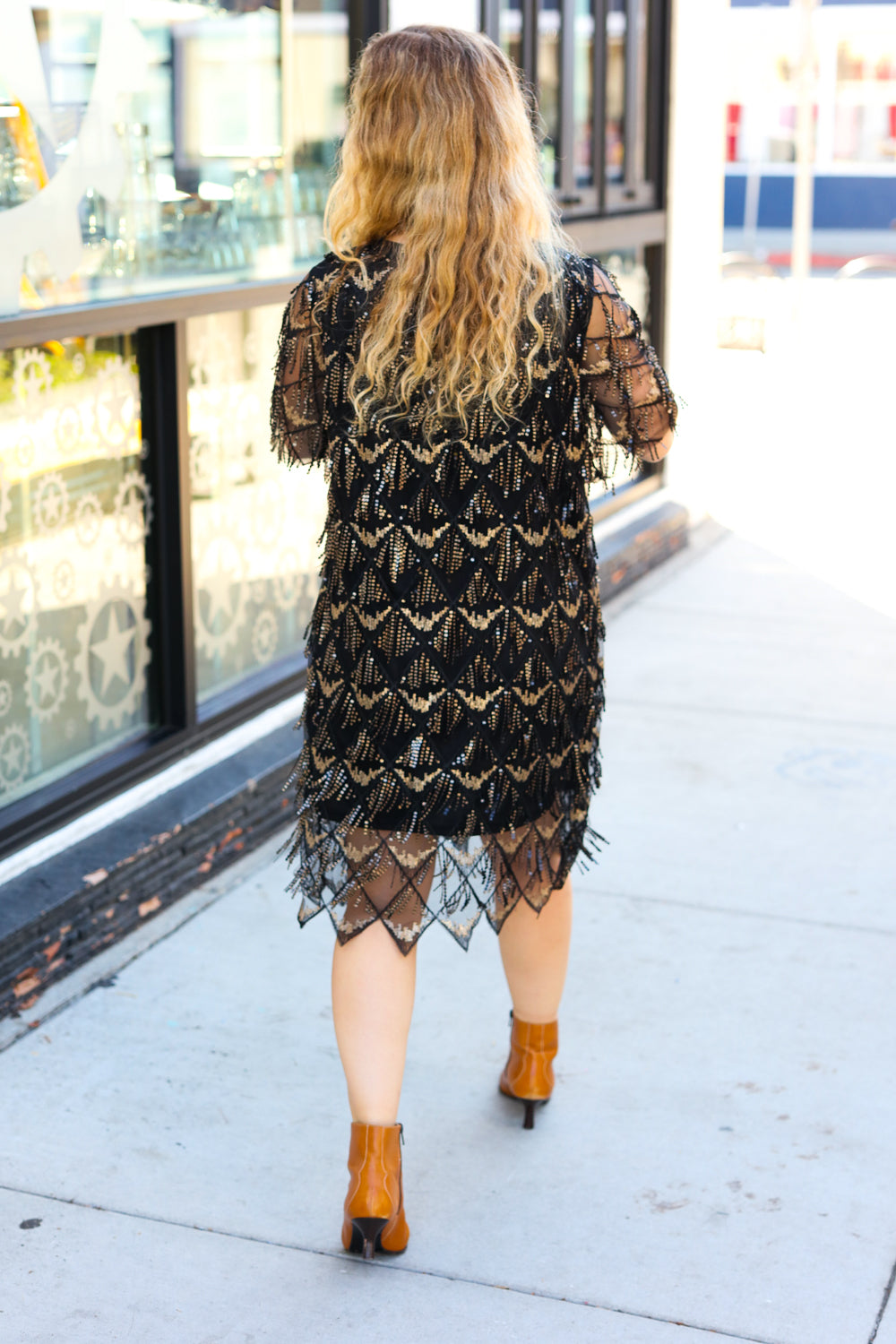 Feeling The Love Black & Gold Diamond Pattern Sequin Fringe Dress