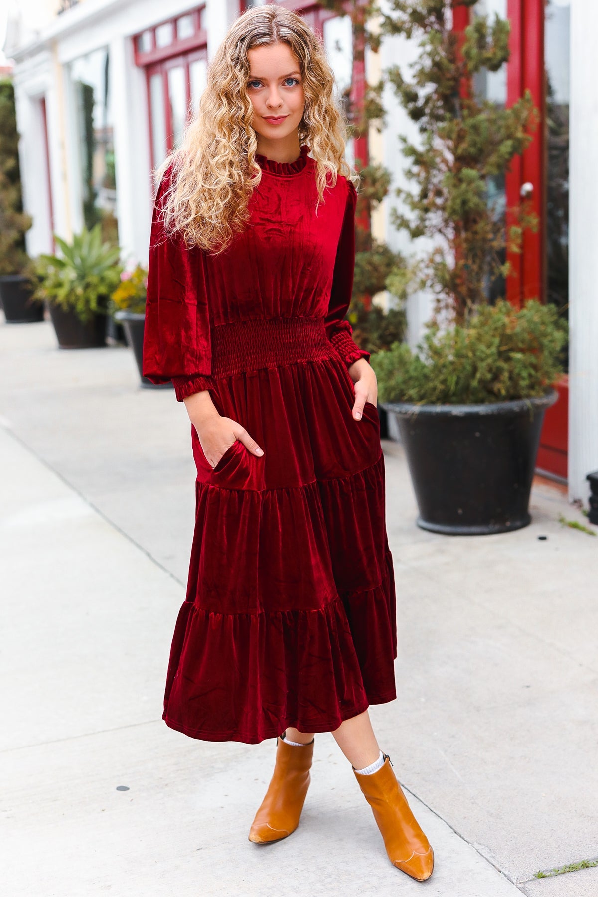 Holiday Dreaming Burgundy Velvet Mock Neck Smocked Waist Dress