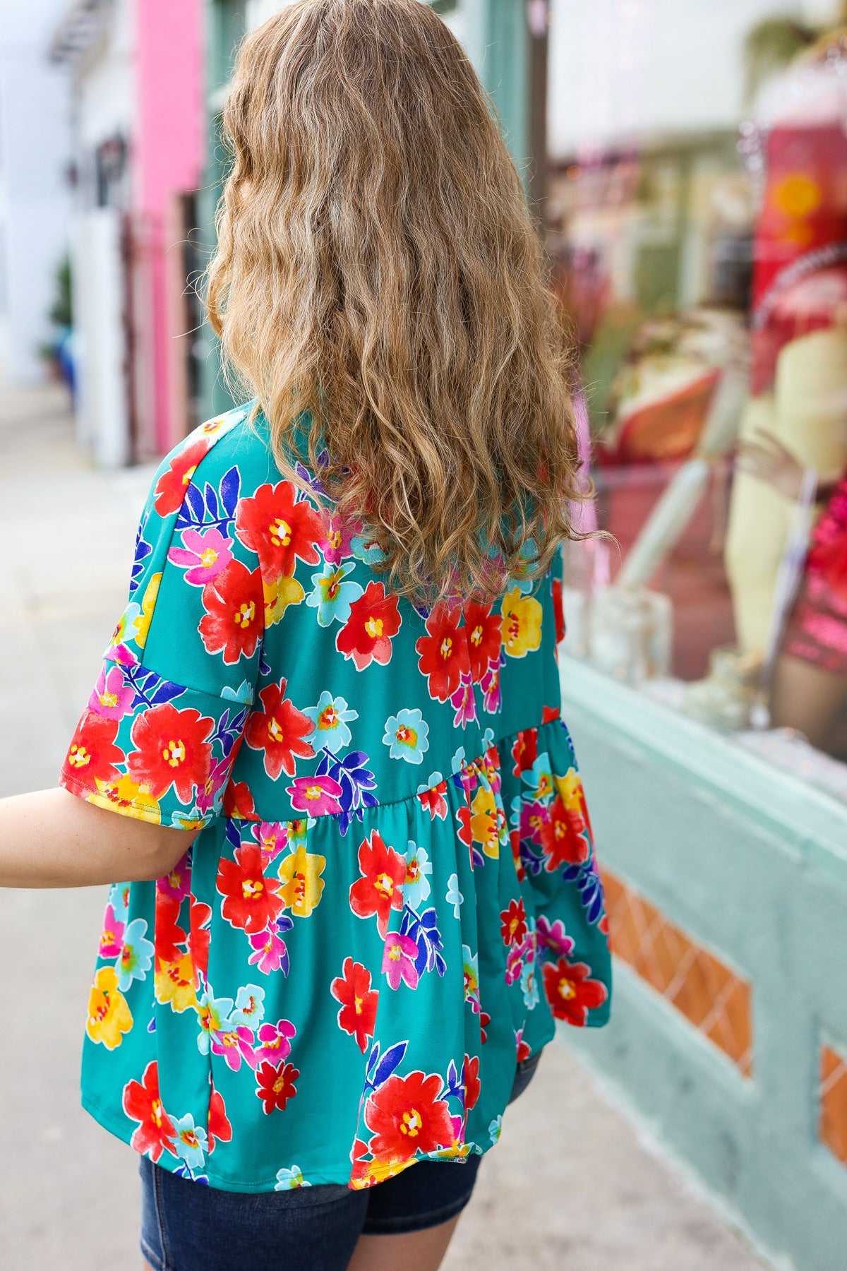 Take Me Away Teal Floral Drop Shoulder Babydoll Top