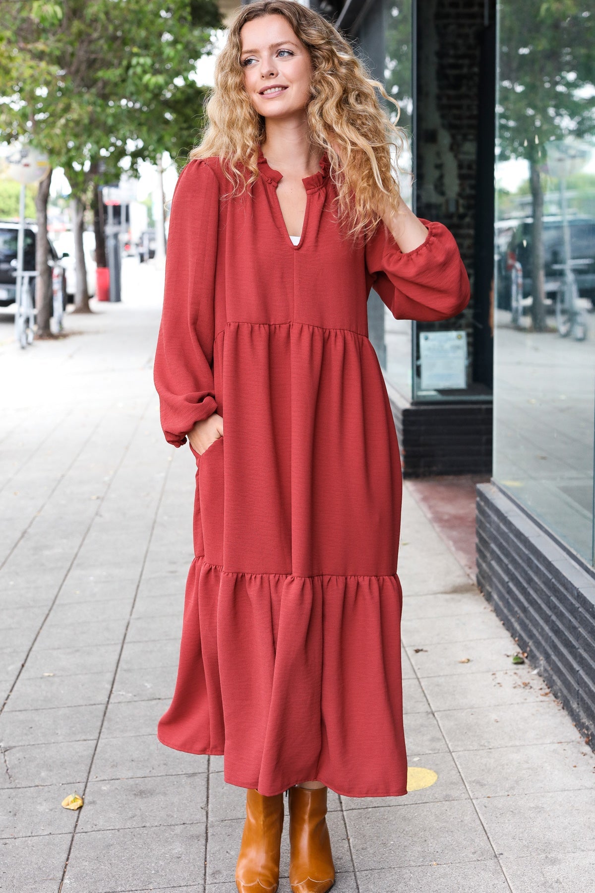 Lock Eyes Spice Notched Neck Frill Hem Tiered Maxi Dress