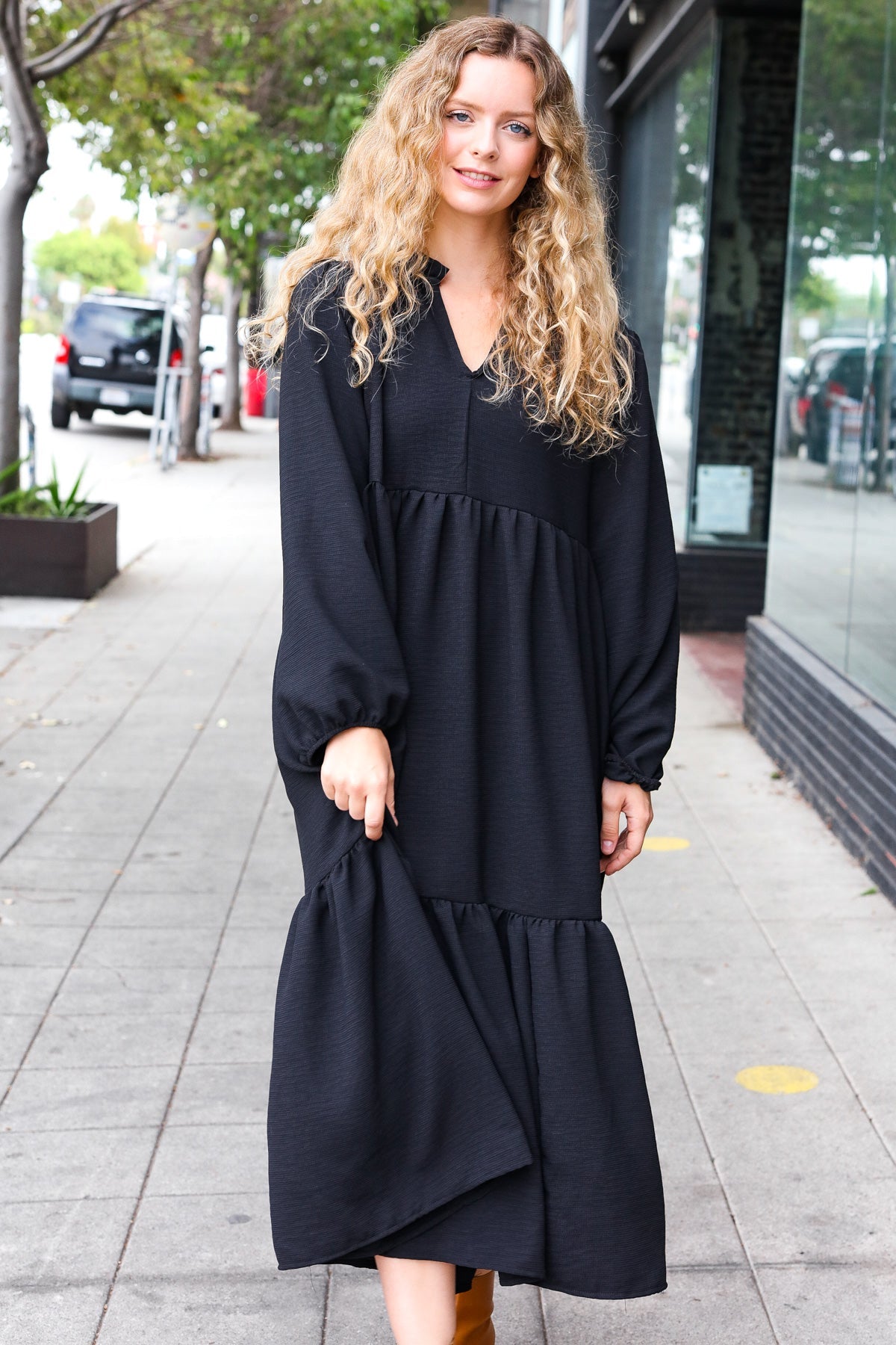 Lock Eyes Black Notched Neck Frill Hem Tiered Maxi Dress