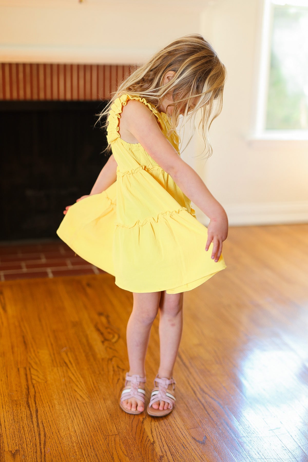 Kids Joyful Canary Tiered Ruffle Sleeveless Dress