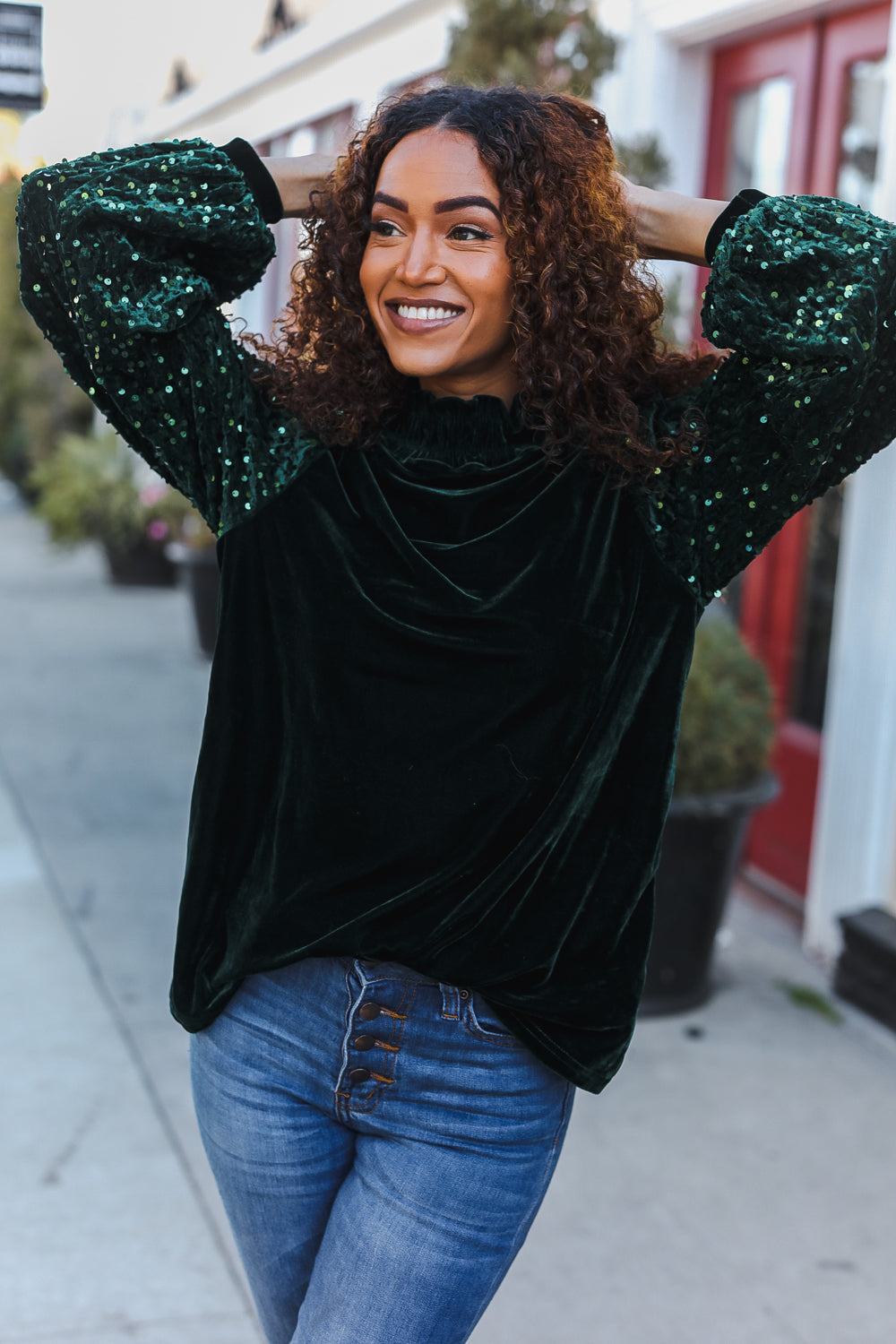 Under the Lights Green Velvet & Sequin Frill Mock Neck Top