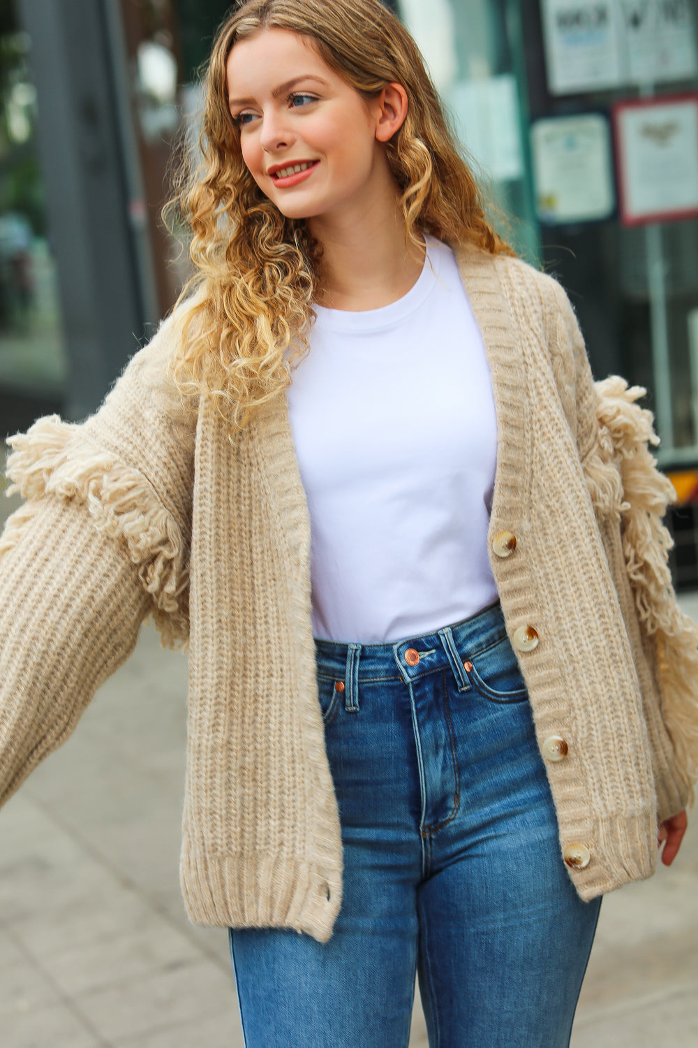 Weekend Ready Oatmeal V Neck Fringe Chunky Cable Cardigan