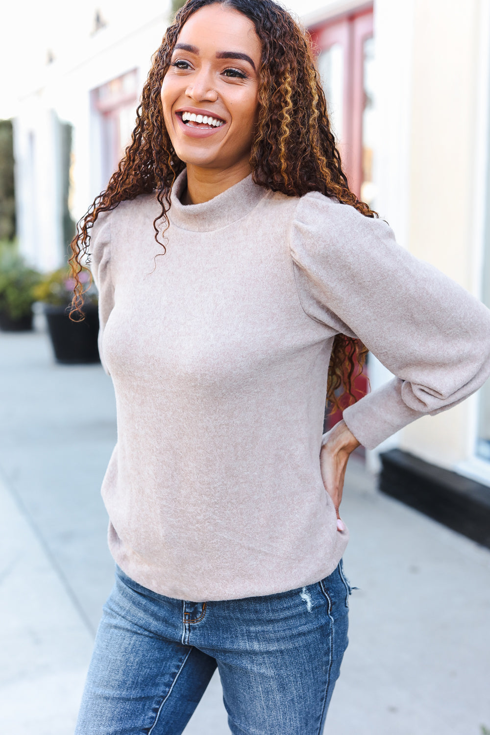 Stay Awhile Taupe Brushed Melange Puff Short Sleeve Sweater