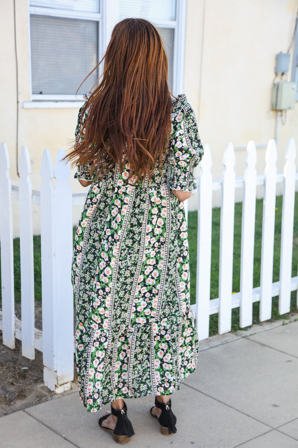 Hello Beautiful Black & Green Ruffled Notch Neck Babydoll Smocked Midi Dress