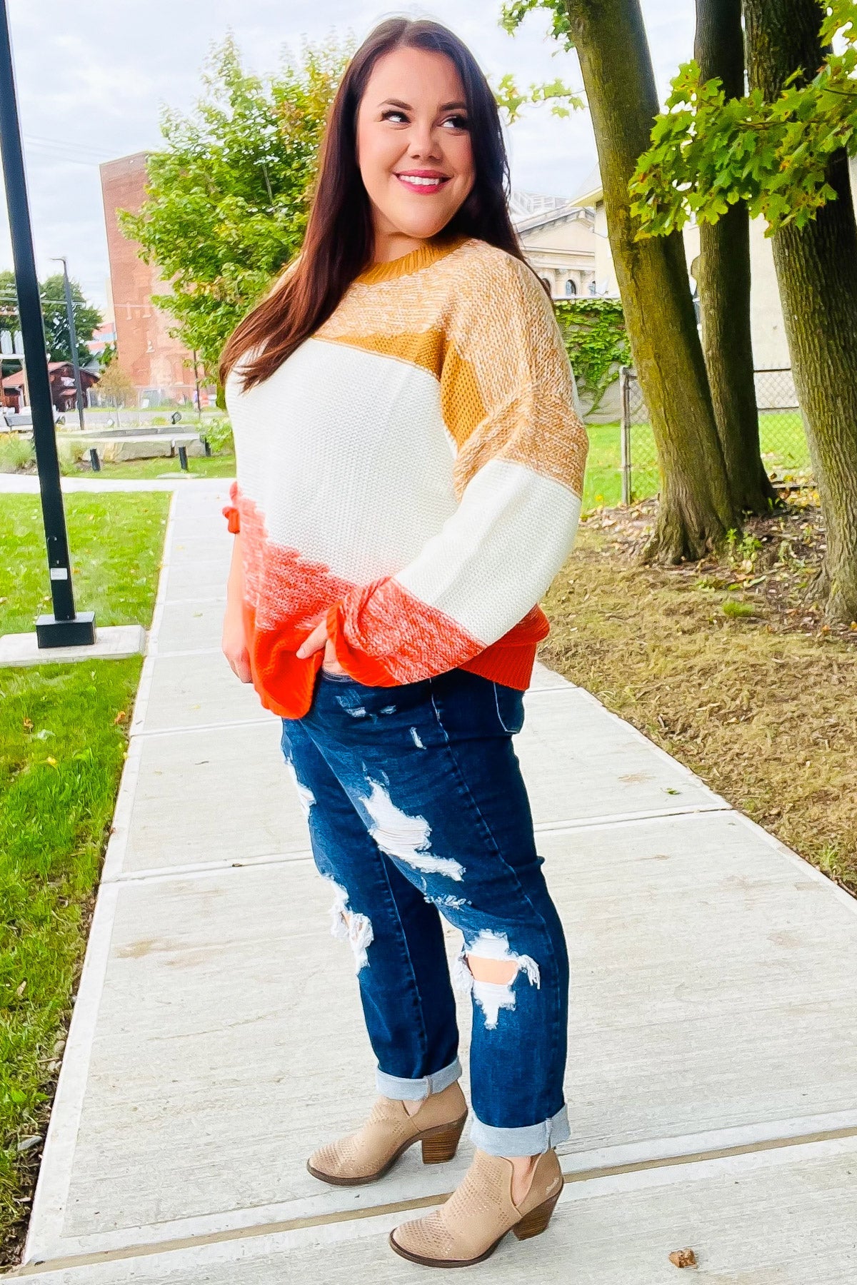 Adorable You Camel & Orange Color Block Sweater