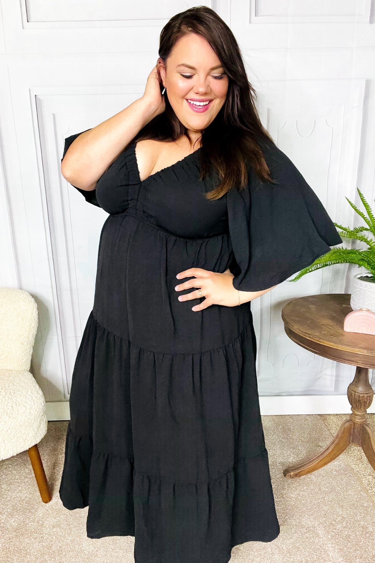 Talk Of The Town Black Elastic V Neck Tiered Maxi Dress