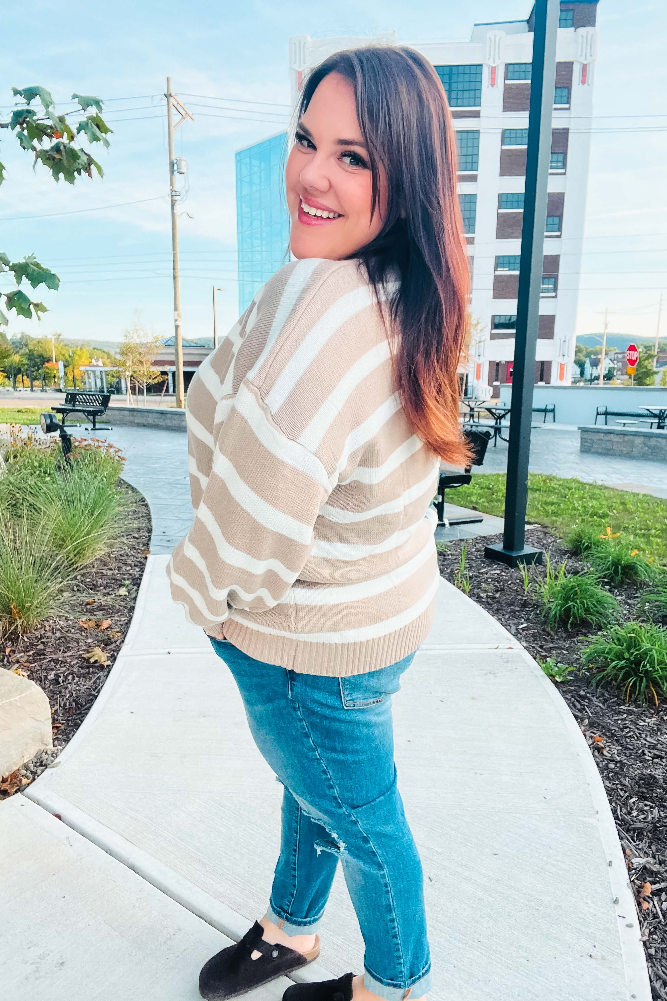 Hunter Green & Taupe Striped Color Block Sweater