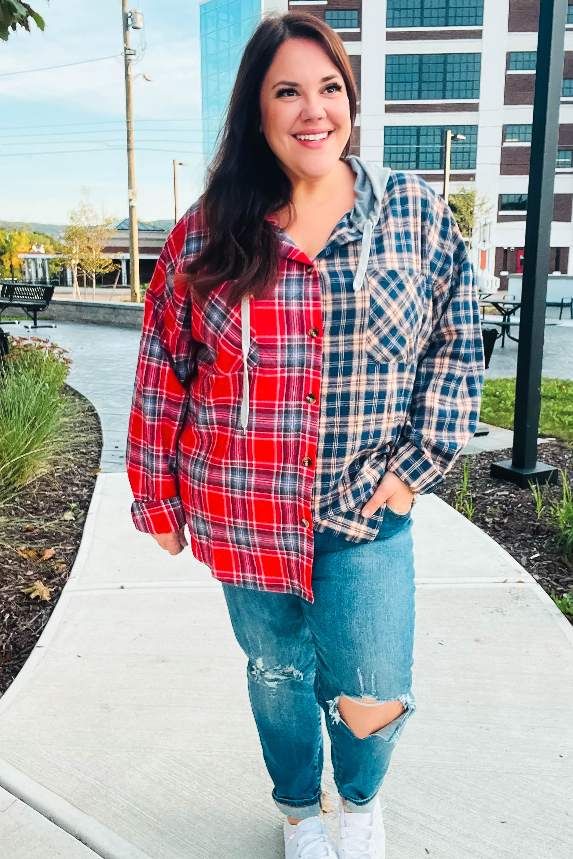 Main Attraction Red & Navy Plaid Color Block Button Down Hoodie