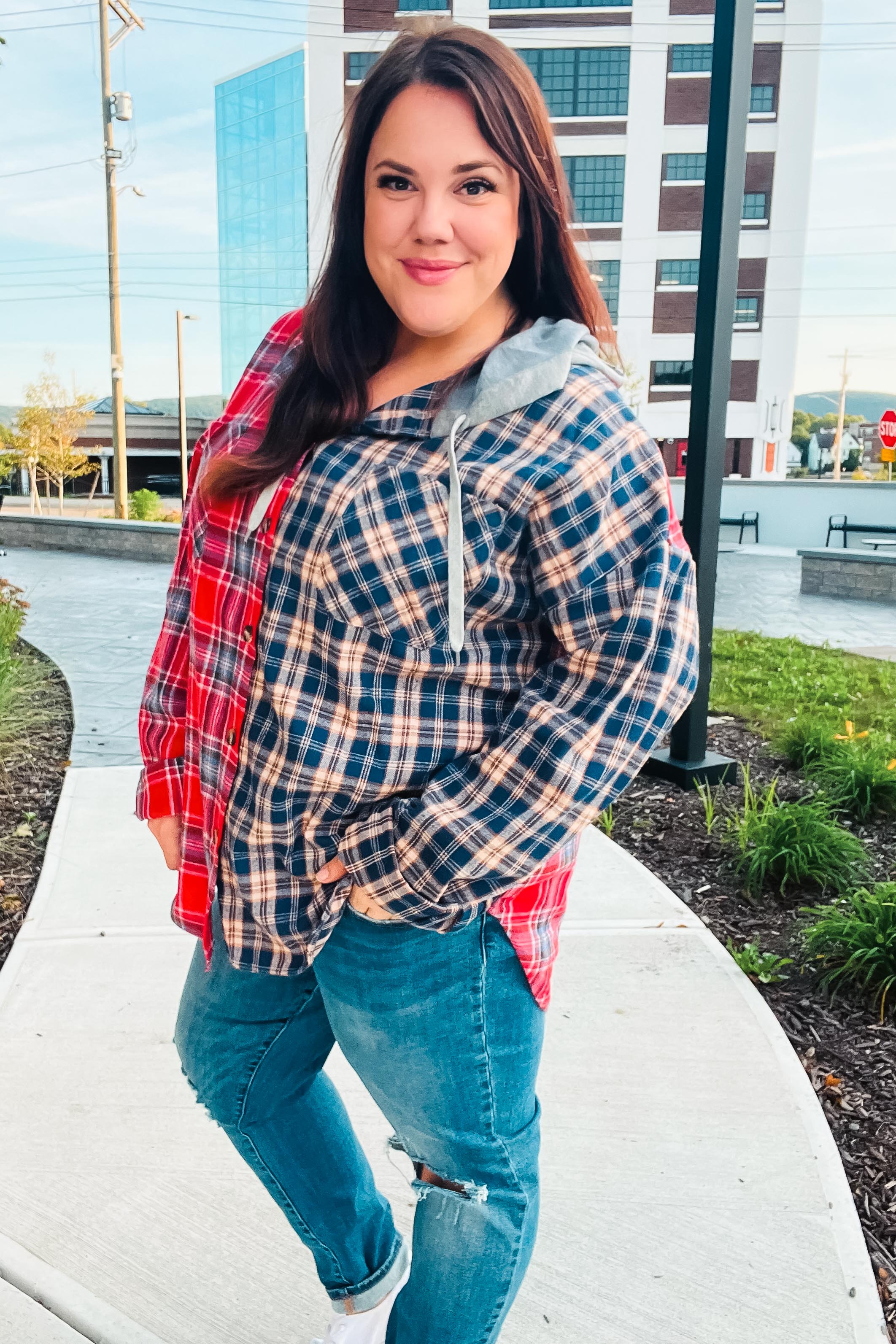 Main Attraction Red & Navy Plaid Color Block Button Down Hoodie