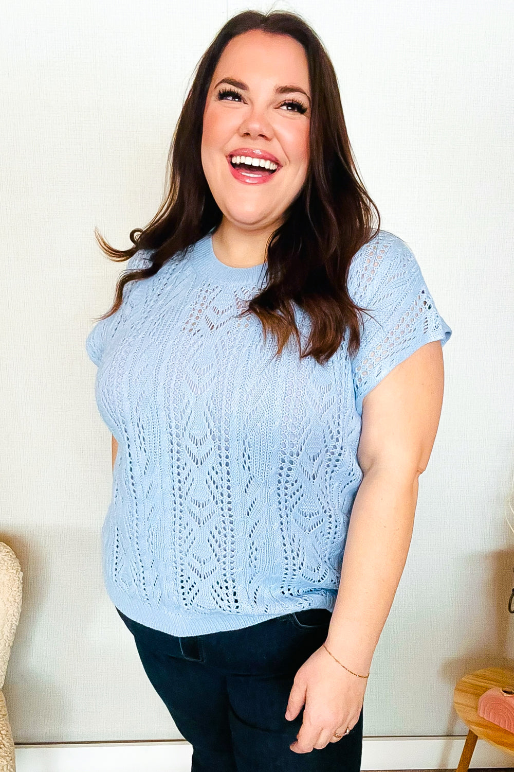 The Perfect Find Sky Blue Dolman Short Sleeve Crochet Sweater Top