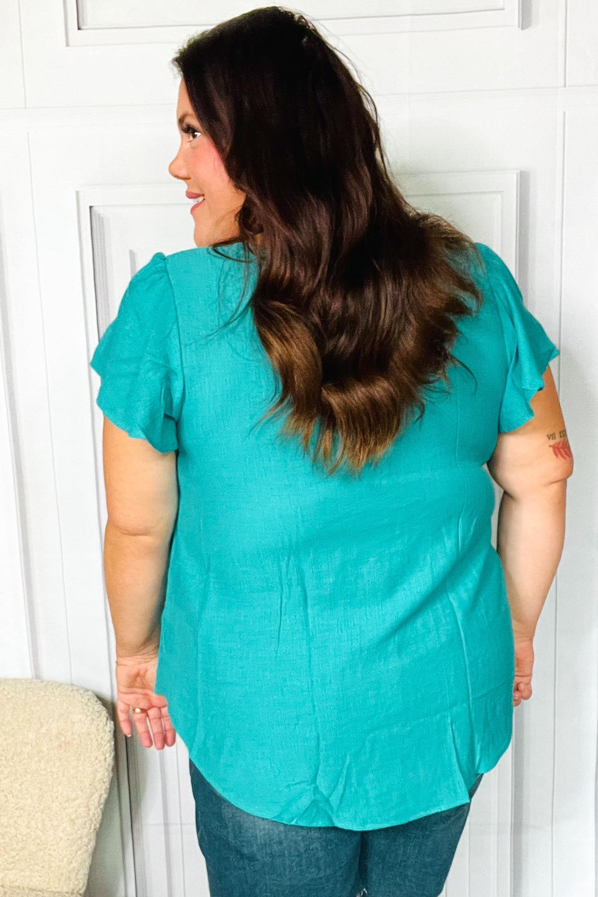 Eyes On You Teal Scalloped V Neck Tulip Sleeve Top