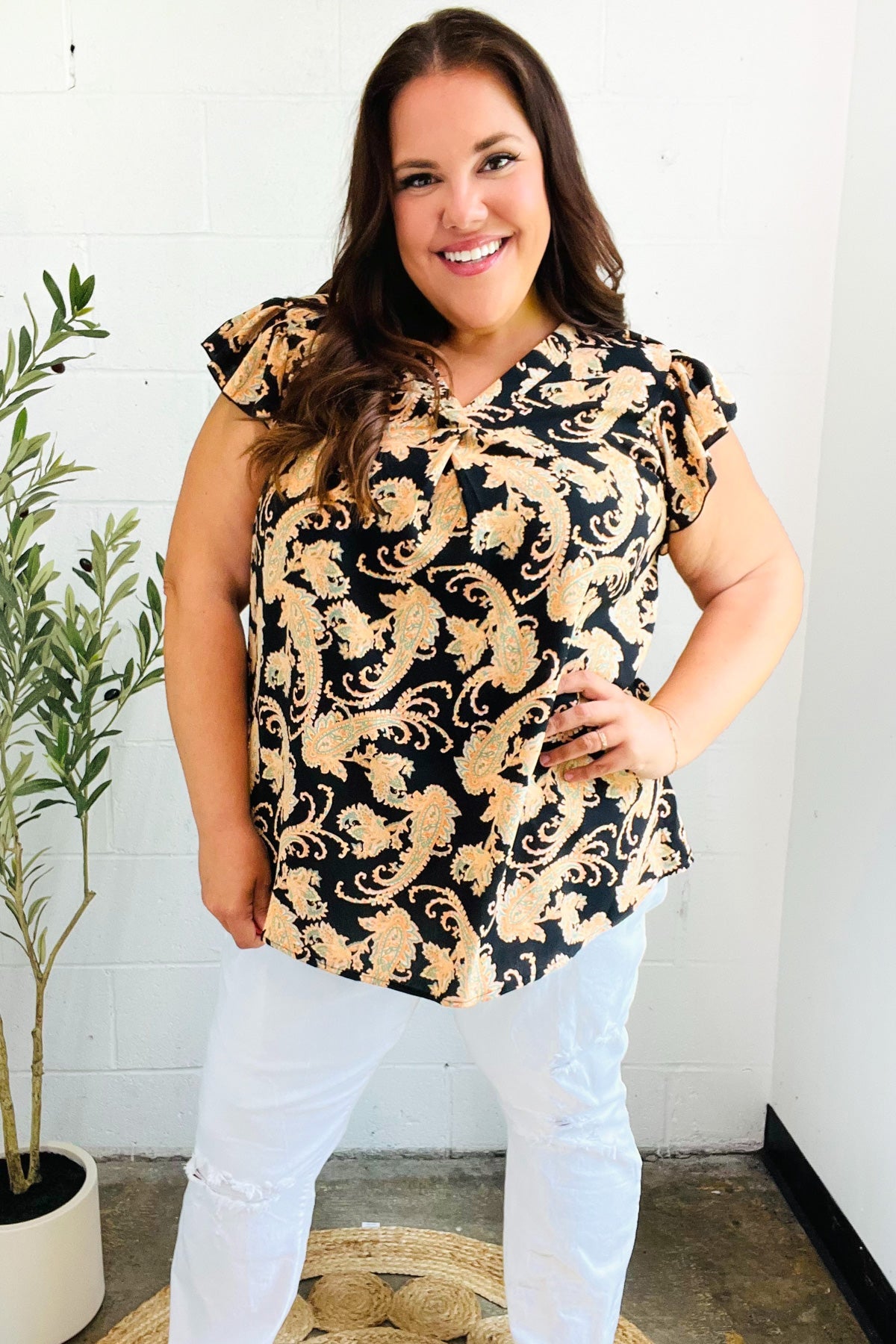 You Got This Black Paisley Print V Neck Flutter Sleeve Top