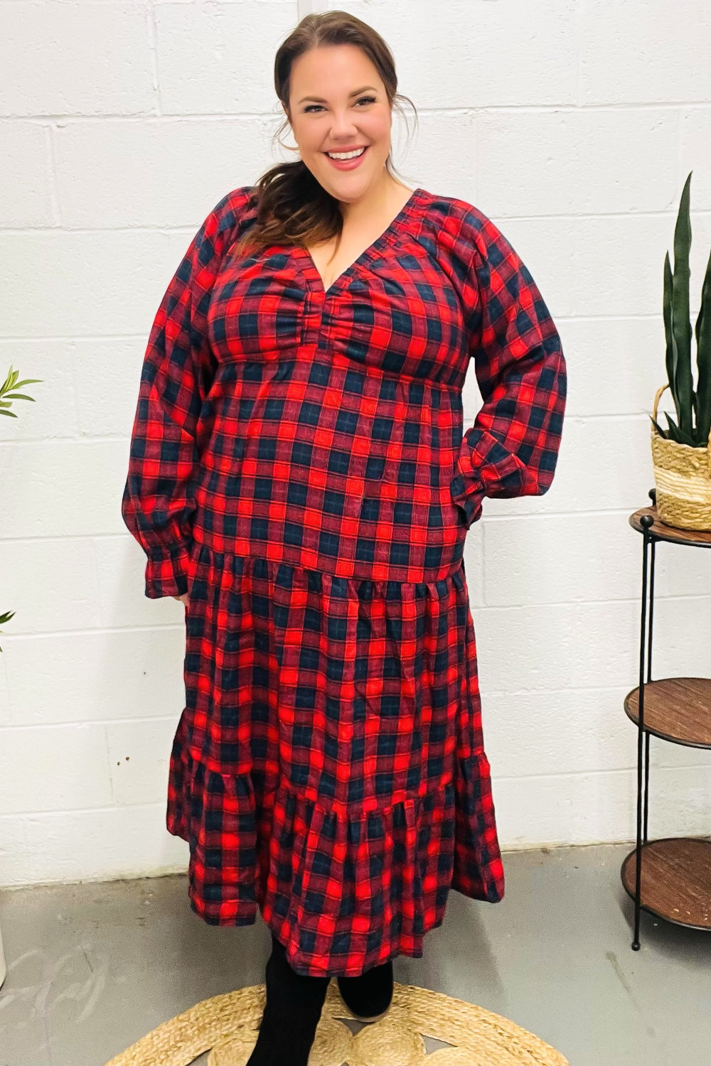 All I Want Red Plaid Elastic V Neck Tiered Maxi Dress