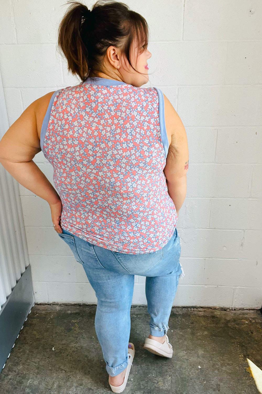 Coral & Denim Stripe Floral Print Tank Top