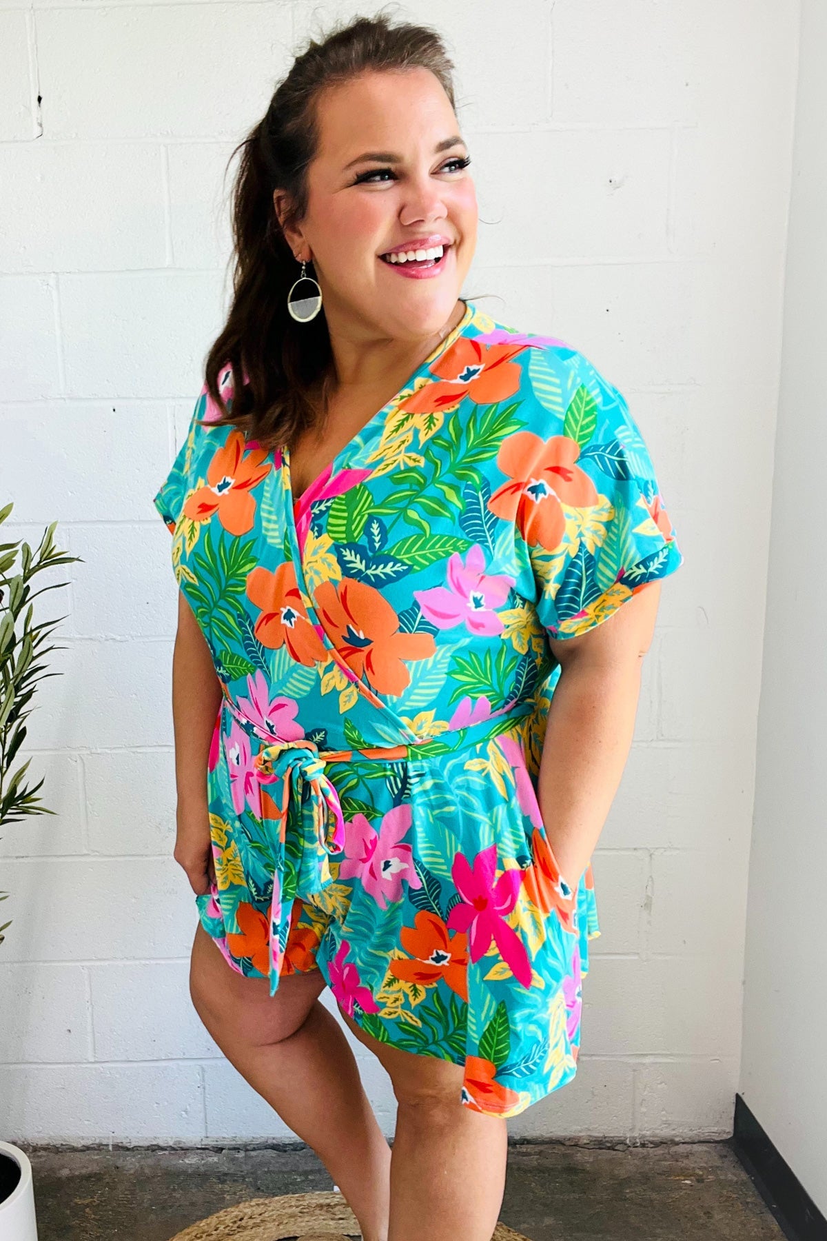 Tropical Vibes Turquoise Floral Surplice Tie Waist Romper