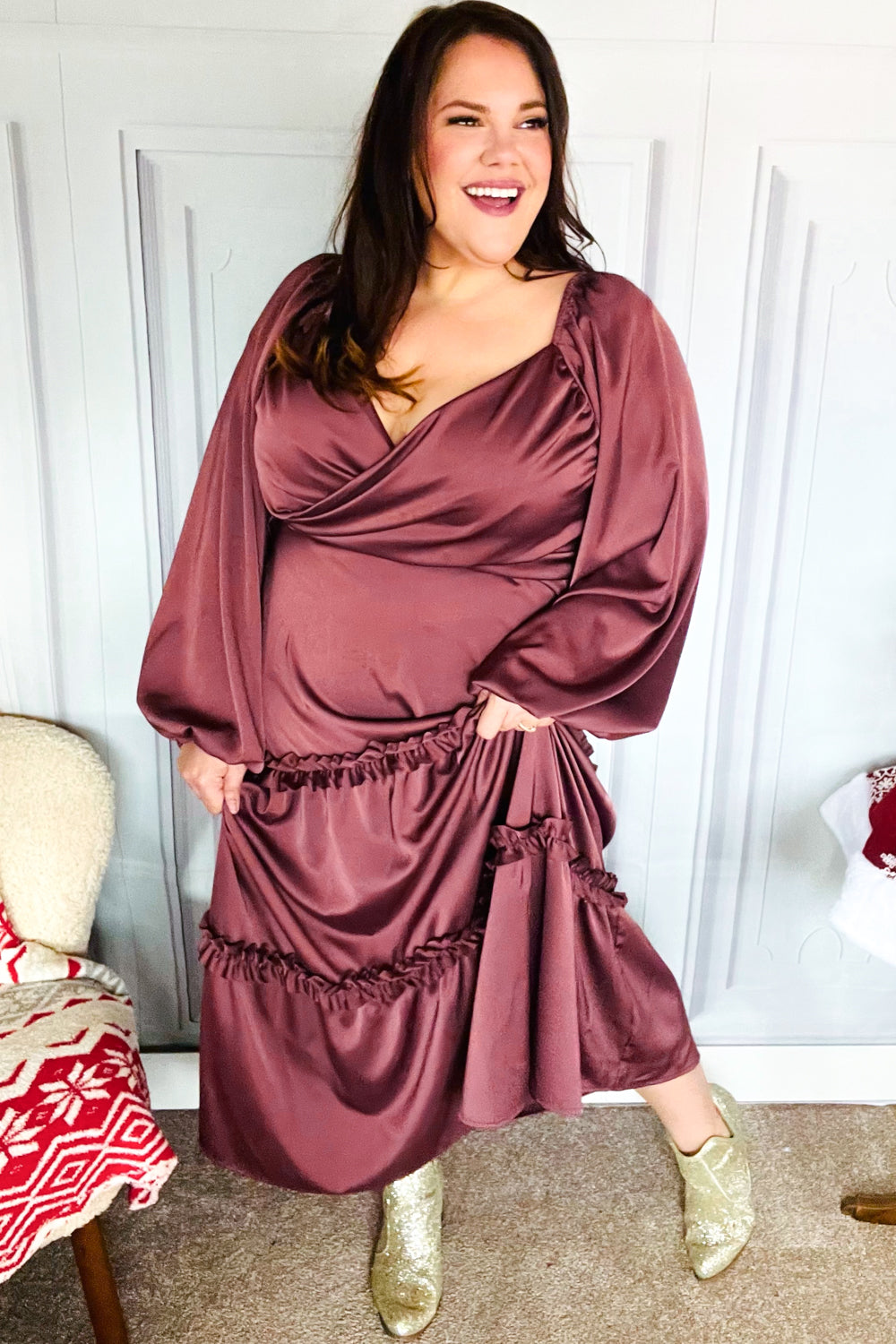 Holiday Vibes Wine Satin Front Overlap Smocked Back Maxi Dress