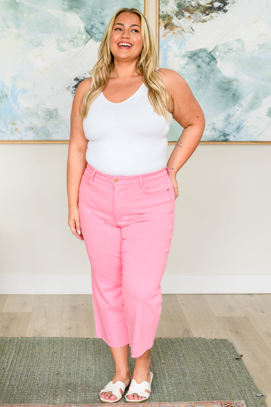 Lisa High Rise Control Top Wide Leg Crop Jeans in Pink