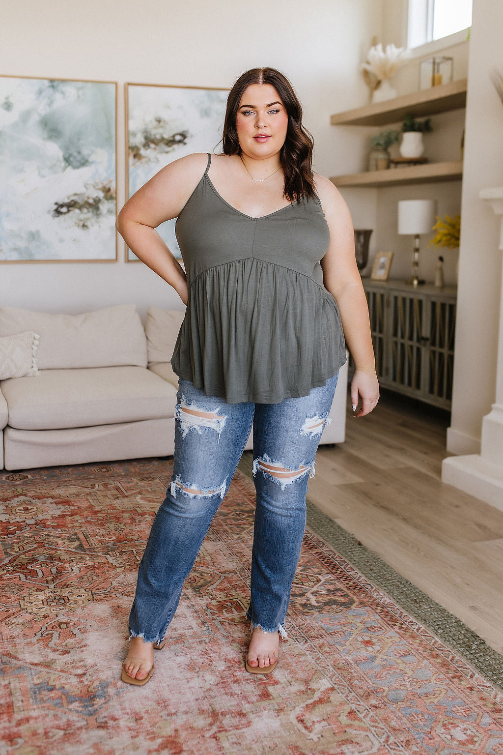 Never Not Loving V-Neck Cami in Gray Green