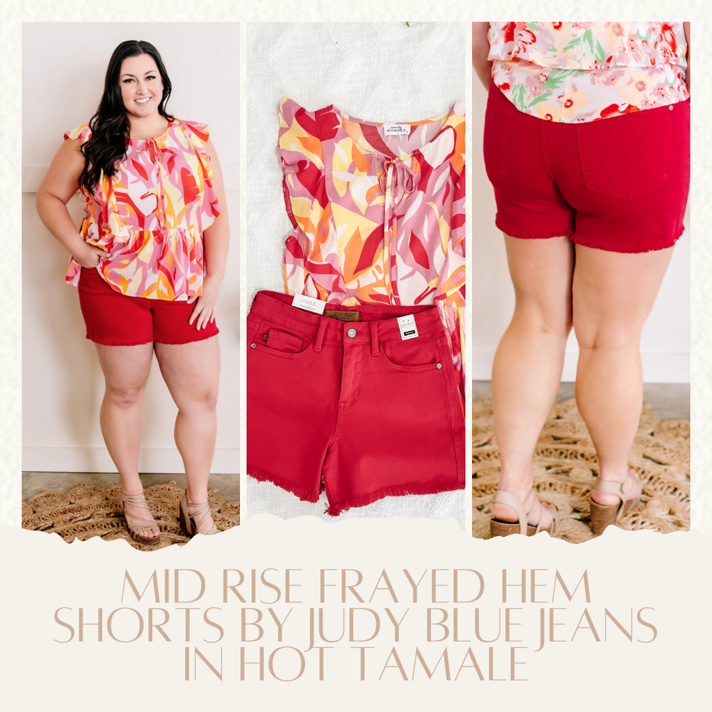 Mid Rise Frayed Hem Shorts By Judy Blue Jeans In Hot Tamale