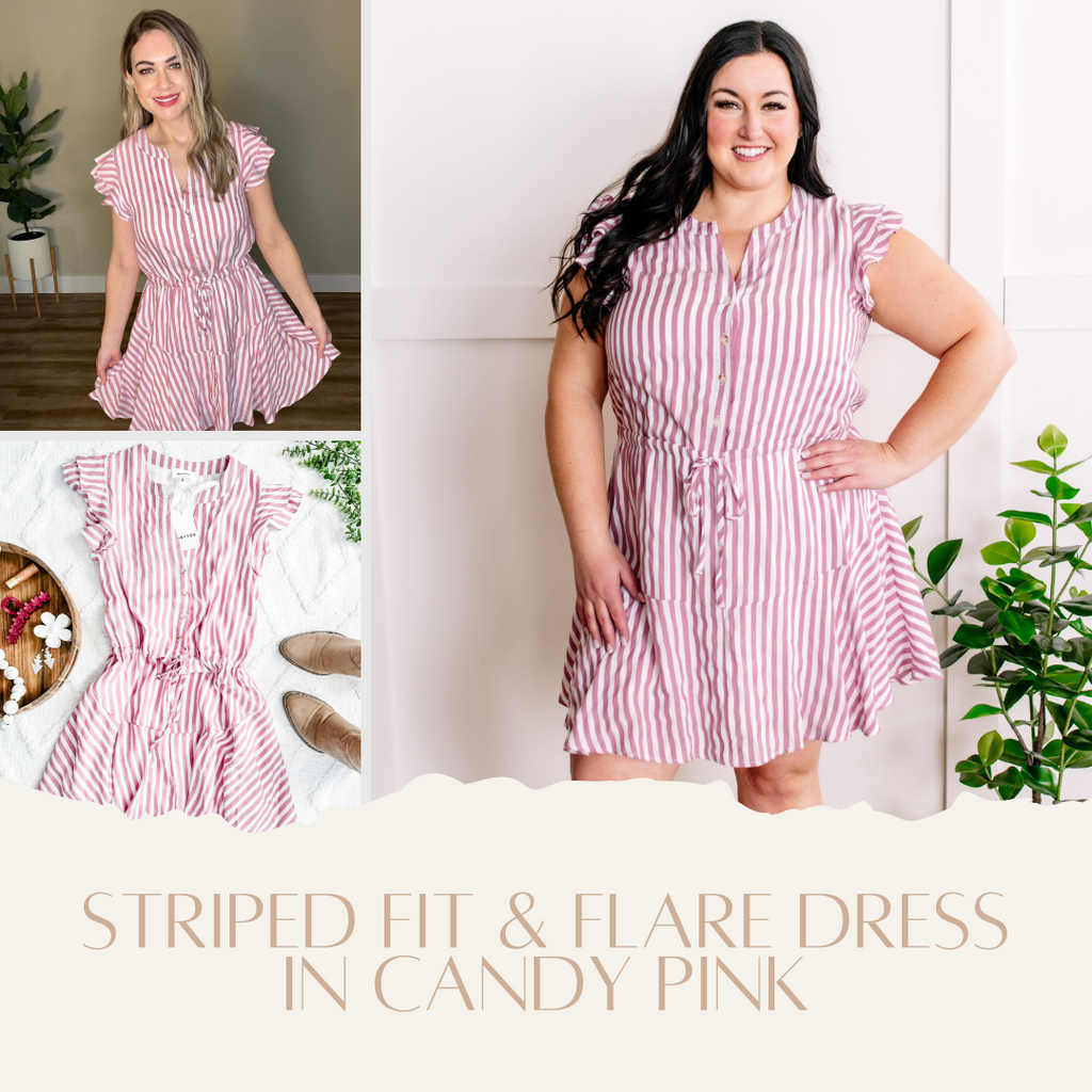Striped Fit & Flare Dress In Candy Pink
