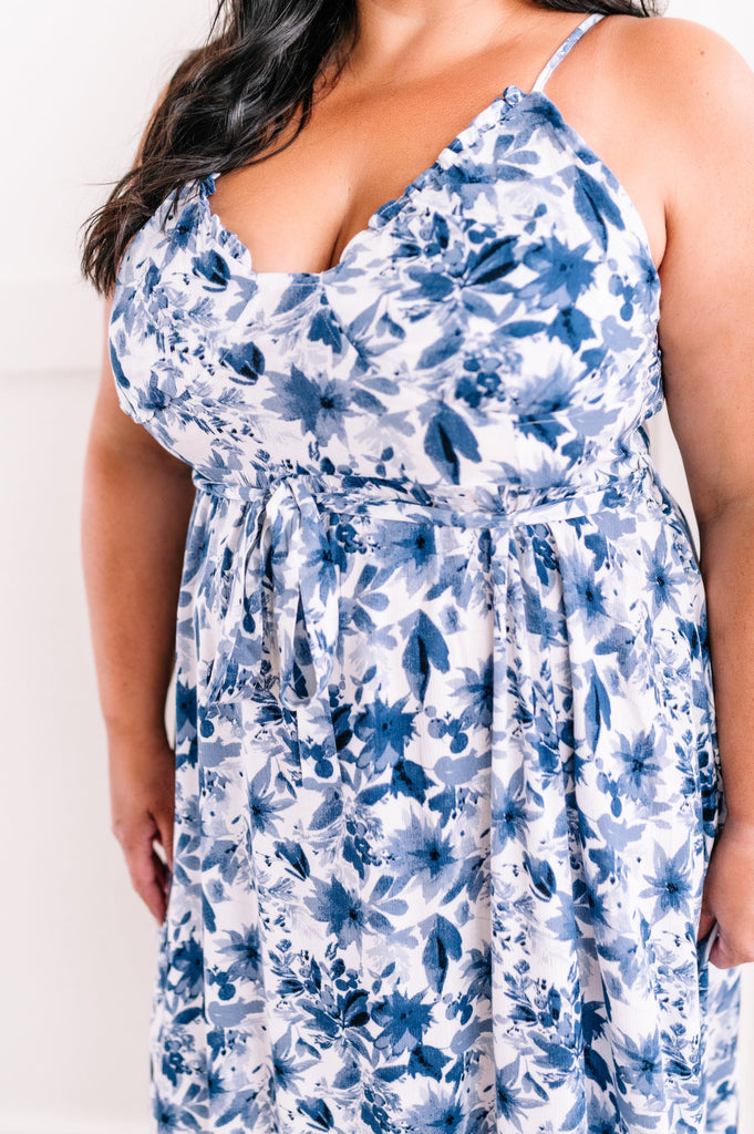 Ruffle Hem Midi Dress With Pockets In Porcelain Blue Florals