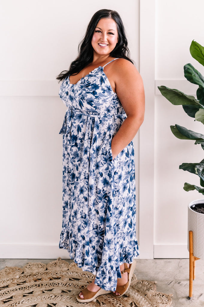 Ruffle Hem Midi Dress With Pockets In Porcelain Blue Florals