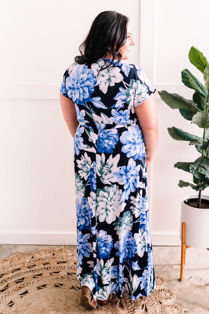 Navy Surplice Floral Maxi Dress With Tie Belt Detail In Blue Watercolors