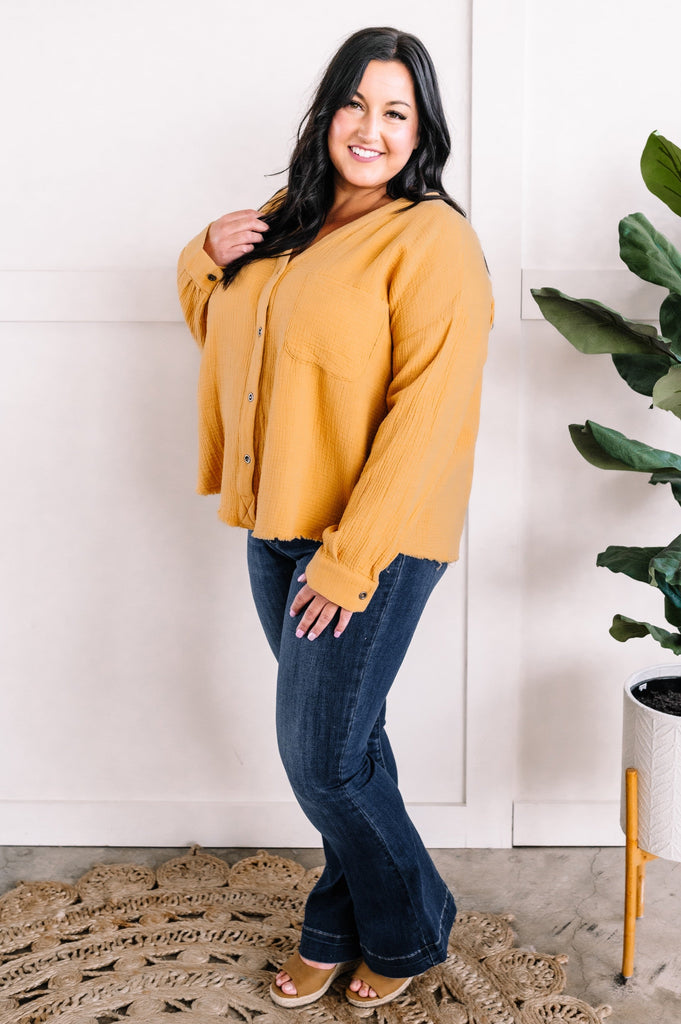 Button Front Detail Gauze Top In Sunflower