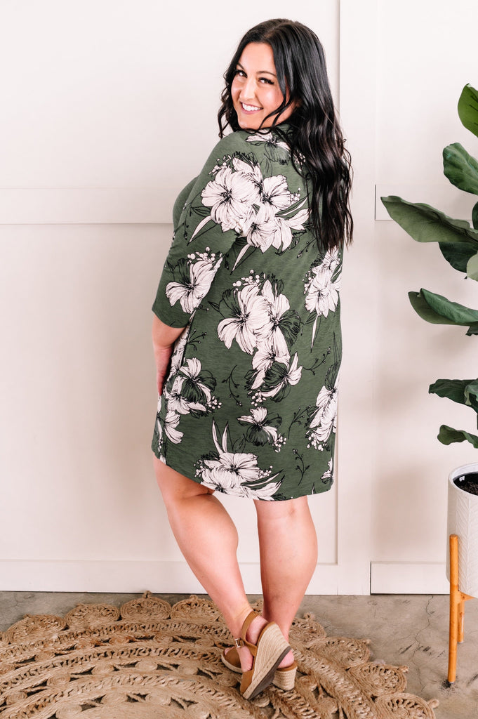 Olive Floral Long Sleeve Shift Dress With Pockets