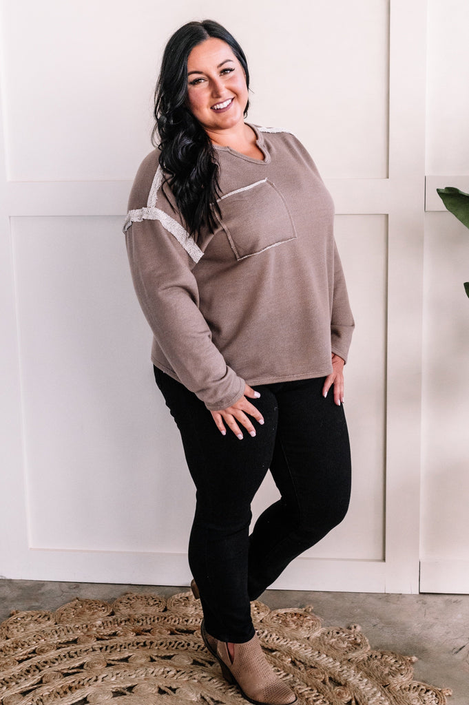 Oversized Long Sleeve Top With Exposed Seams In Light Mocha