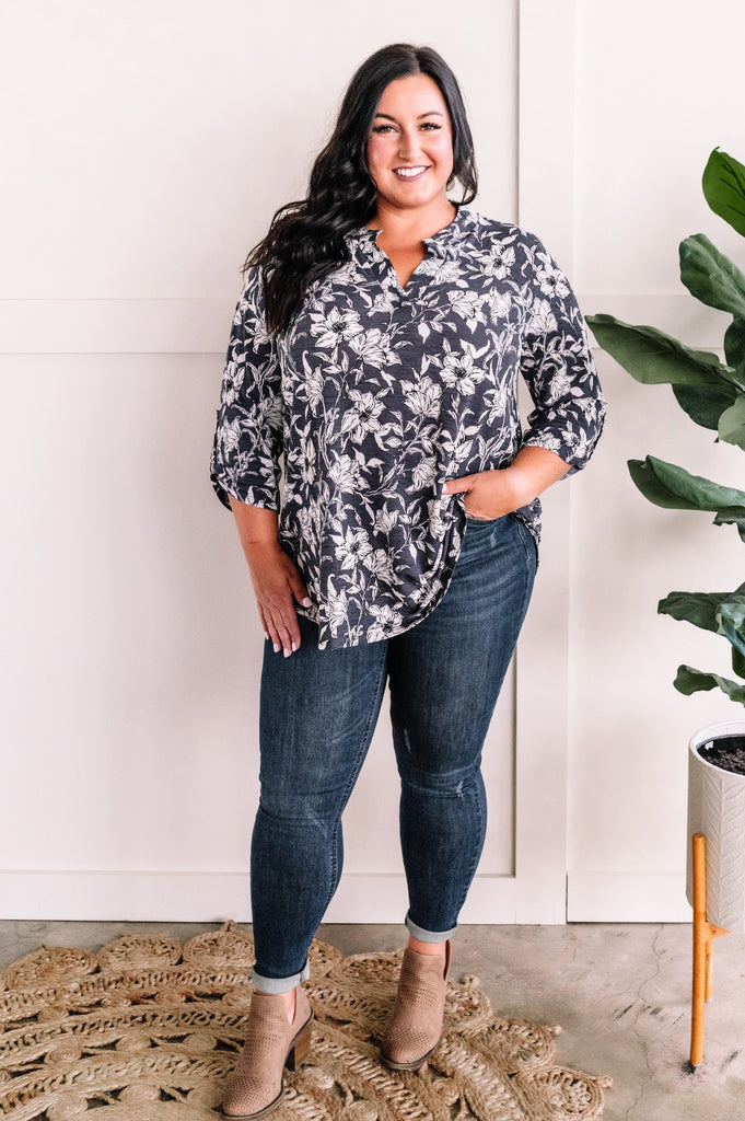 Gabby Front Top With Button Sleeves In Slate Florals