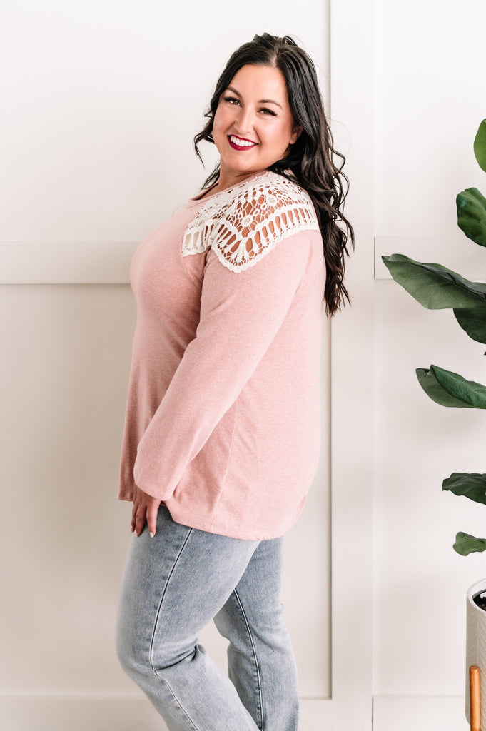 Long Sleeve Top With Crochet Detail In Heathered Pink
