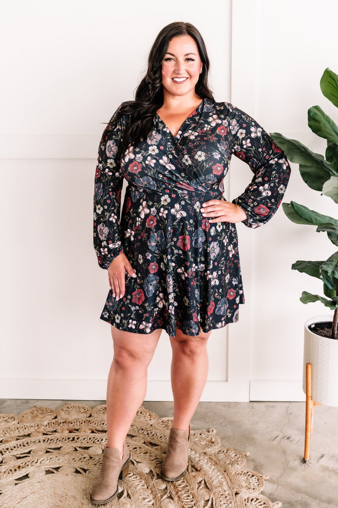 Long Sleeve Surplice Dress With Attached Shorts In Navy Florals