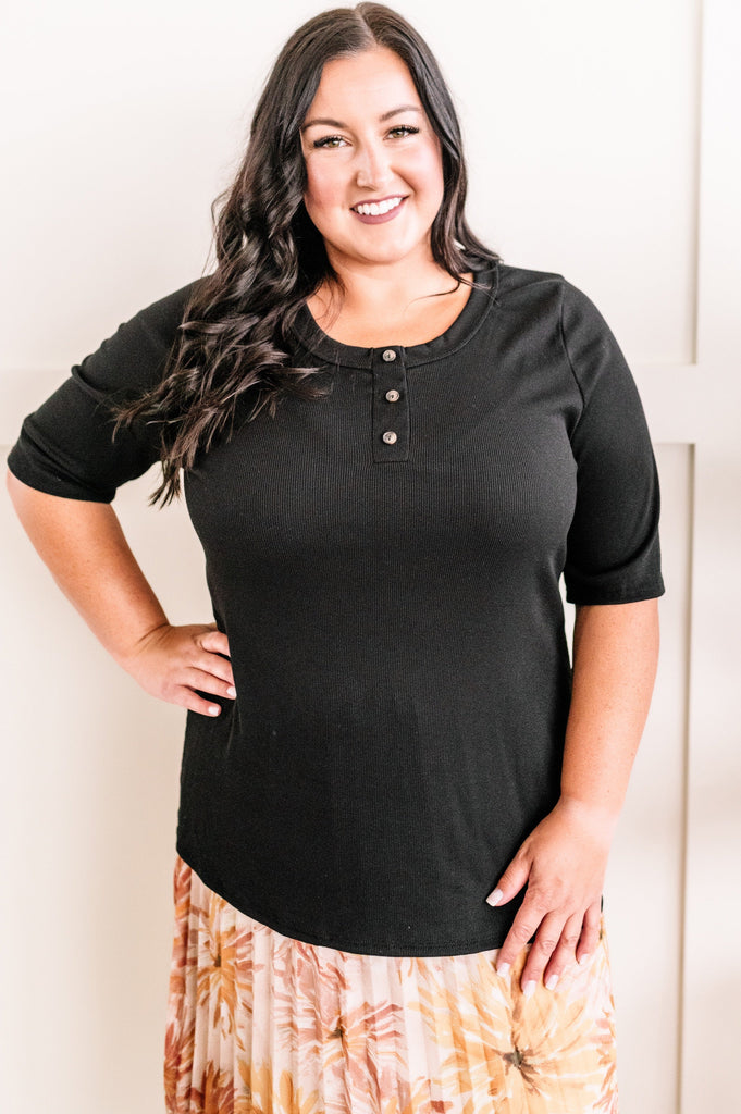 Decorative Button Front Henley Top In Black