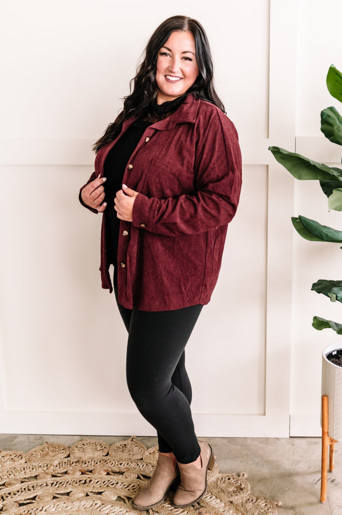 Long Sleeve Button Front Corduroy Top In Wine