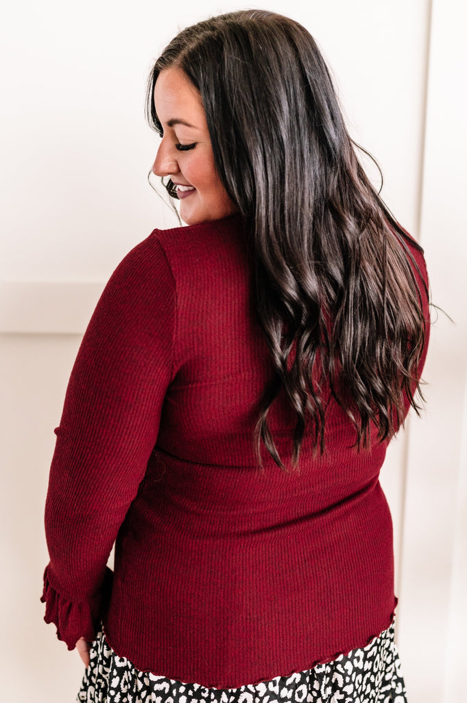 Mock Neck Bell Sleeve Knit Top In Heathered Burgundy