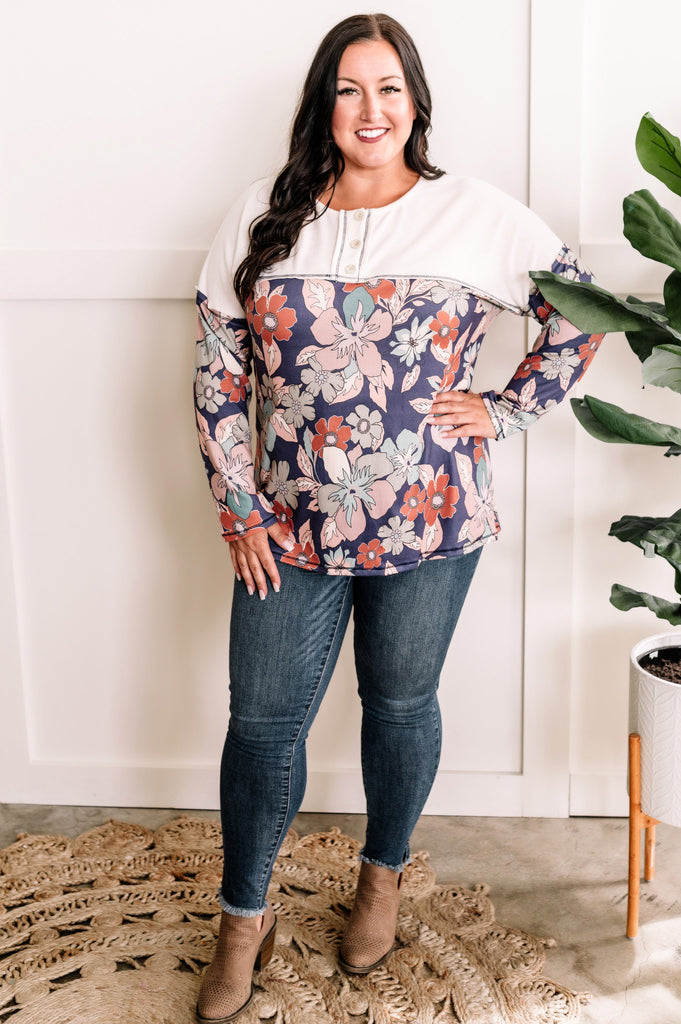 Soft Button Front Top In Fresh Air Floral Print