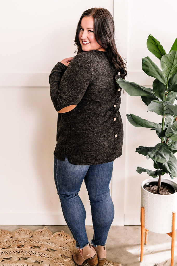 Button Back Top With Elbow Patch Sleeve Detail In Heathered Charcoal