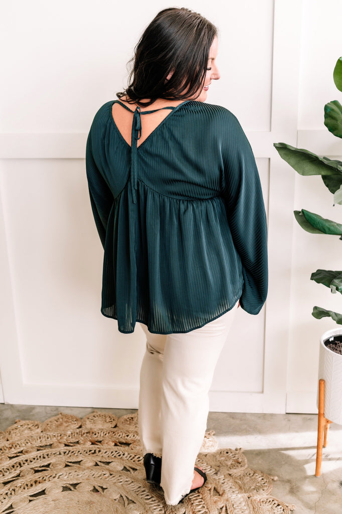 Elegant Shadowed Blouse With Tie Back Detail In Midnight Emerald